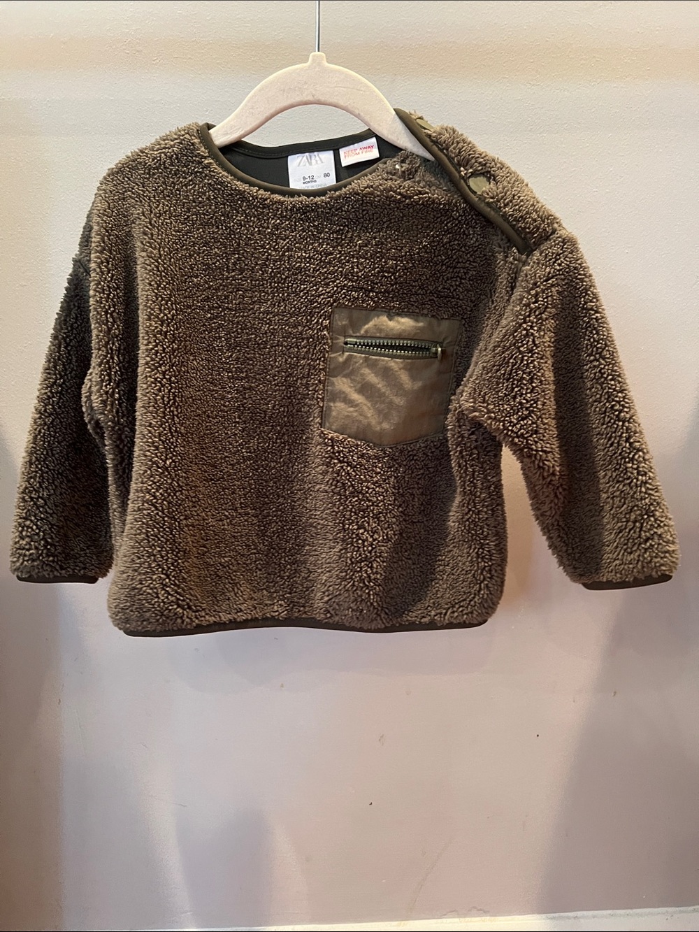 Zara Olive Brown Sherpa Sweatshirt with Zip Pocket - Kids